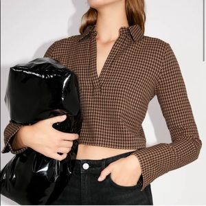 Zara Brown Houndstooth Top with Wide Sleeves